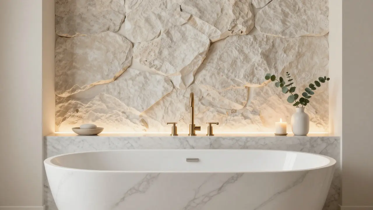 Kamenitá accentní stěna za vanou s bílým mramorem a skrytým LED osvětlením v klidné koupelně.