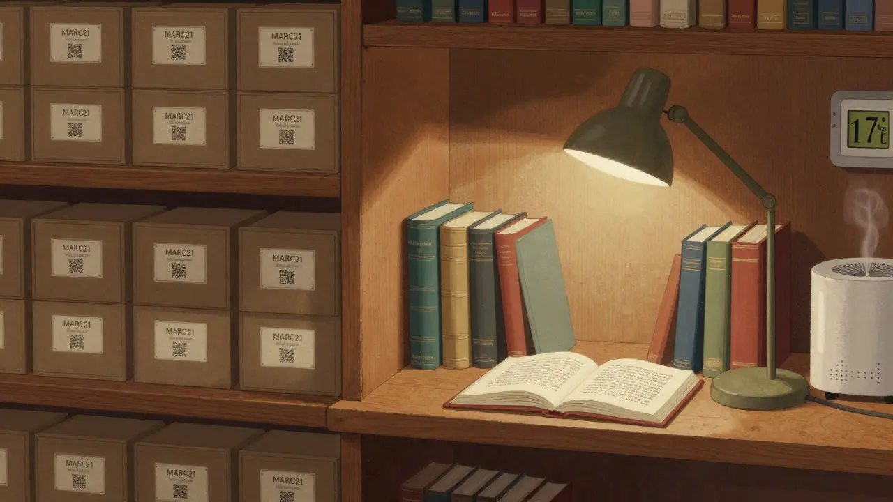 Knihovna v pracovně s rozdělením na archiv a display: označené krabice a vybrané knihy pod jemným osvětlením, dehumidifikátor v pozadí.