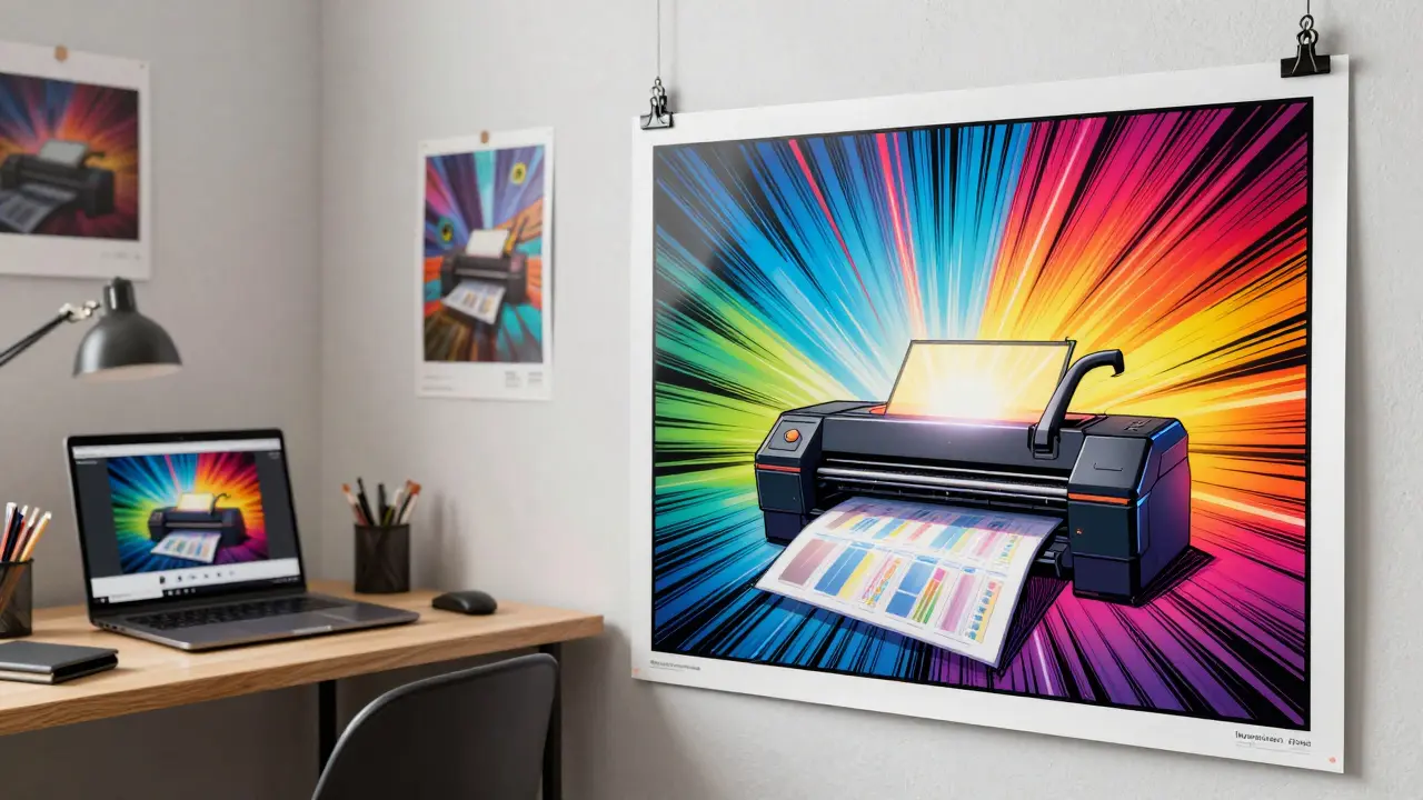 Komický styl: levá strana ukazuje nízkorozlišený obrázek na počítači, pravá strana vysokokvalitní A0 plakát ve studiu.