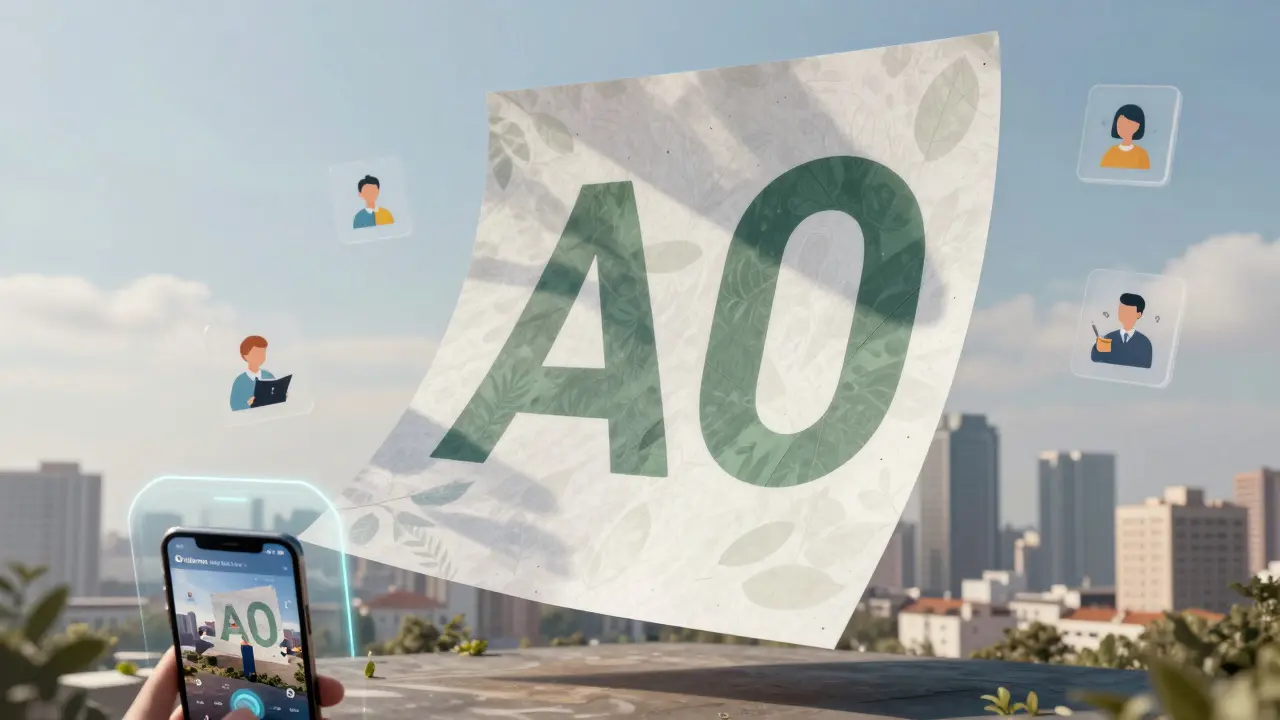 Konceptuální plakát A0 z recyklovaného papíru ve městském prostředí s AR rozhraním a ikonami uživatelů.