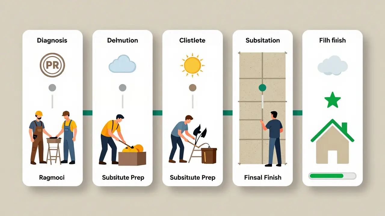 Krok za krokem proces zateplení domu v Česku: pět fází s ikonami a časovou osou.