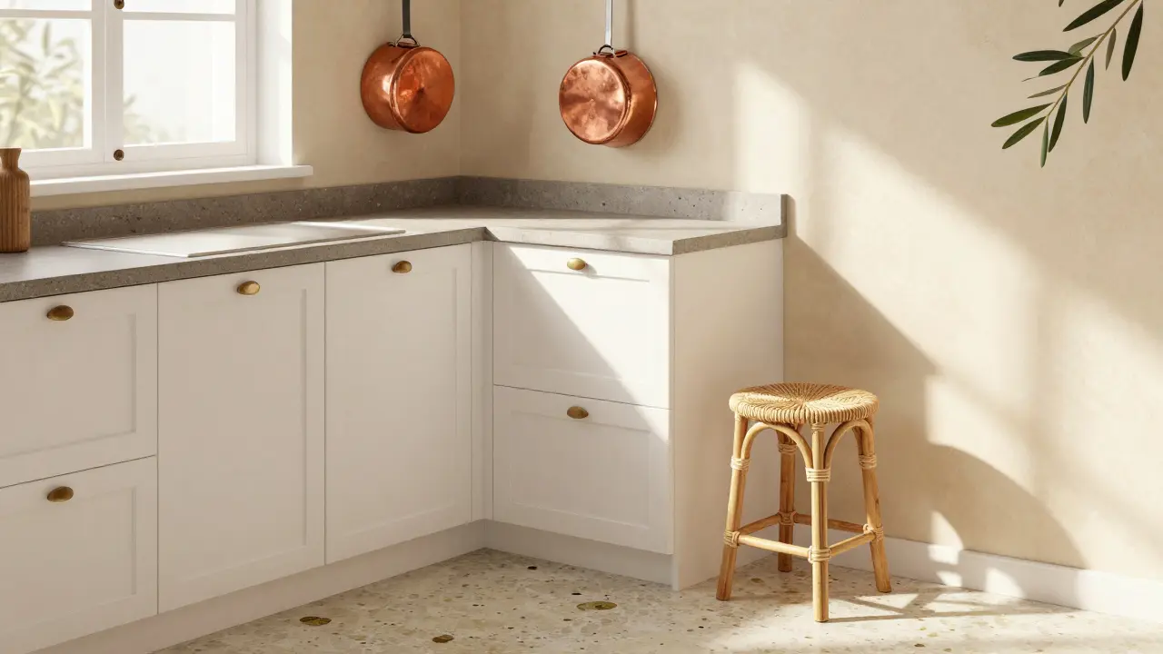 Kuchyně s kamennou dlažbou, pleteným křeslem a mosazným hrncem, osvětlená slunečním světlem z jednoho okna.