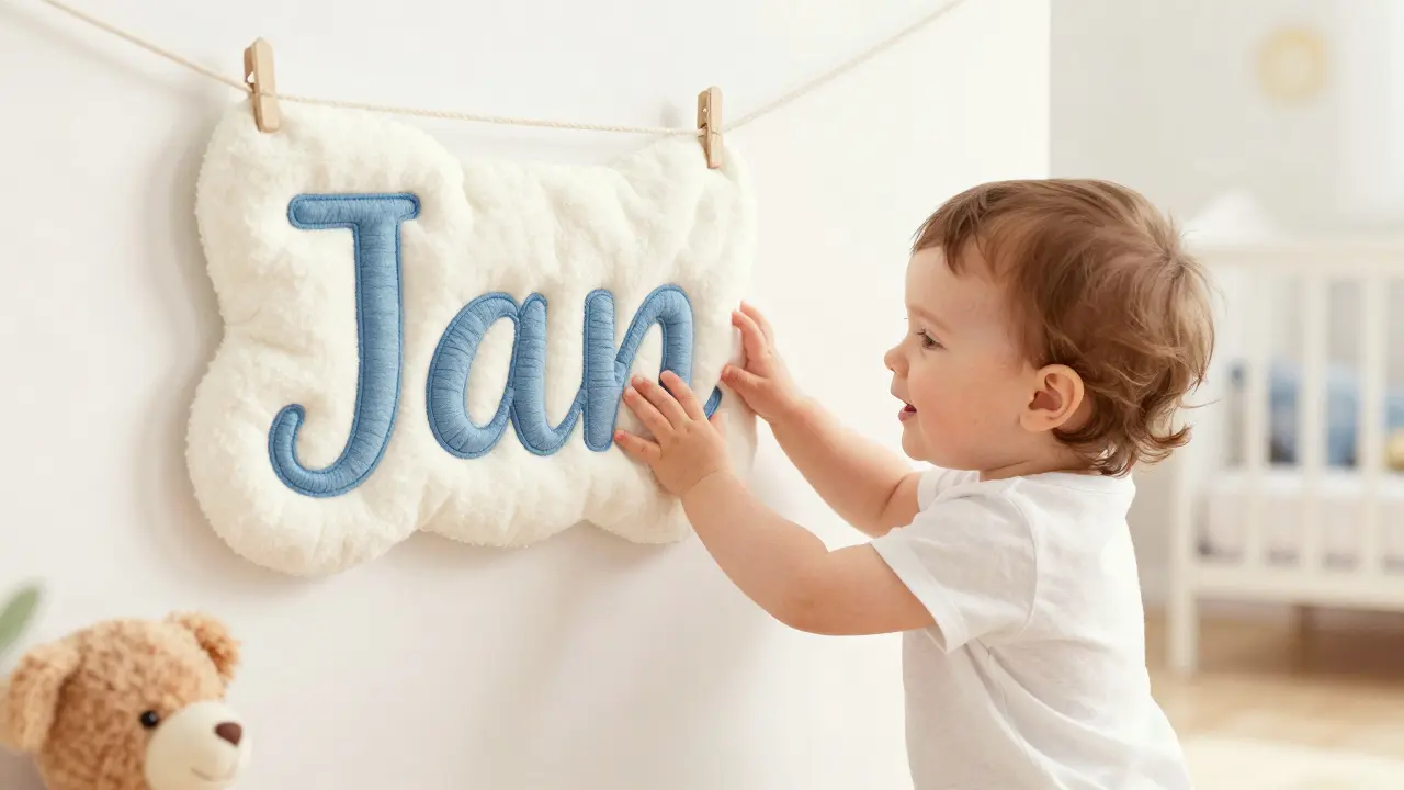 Měkká textilní dekorace jména Jan na stěně, kterou se dotýká malé dítě.