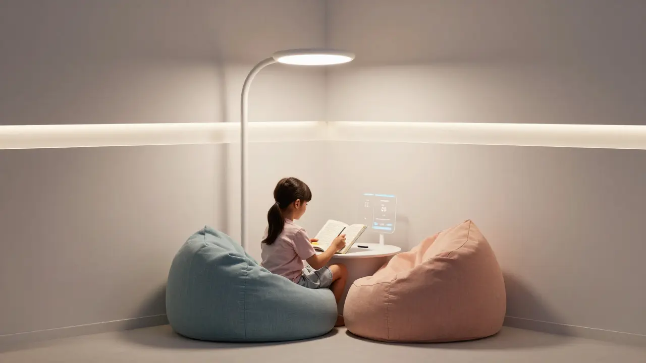 Moderní čtecí koutek s chytrou lampou a antibakteriálním polstrováním.