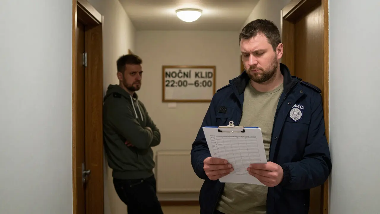 Muž s klipečkem a policejním odznakem mluví s nevraživým sousedem v chodbě bytového domu.