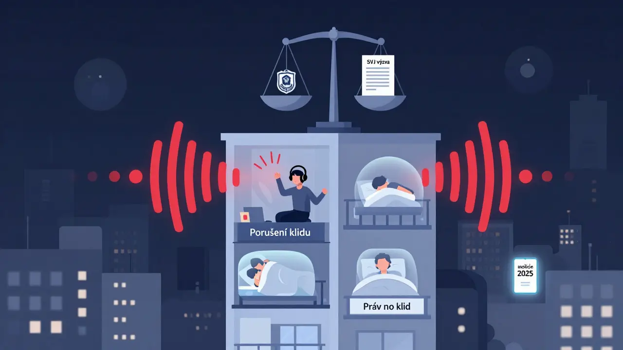 Průhledný bytový dům s vlnami hluku a ochrannými štíty pro klid, s ikonou policejní aplikace nahoře.