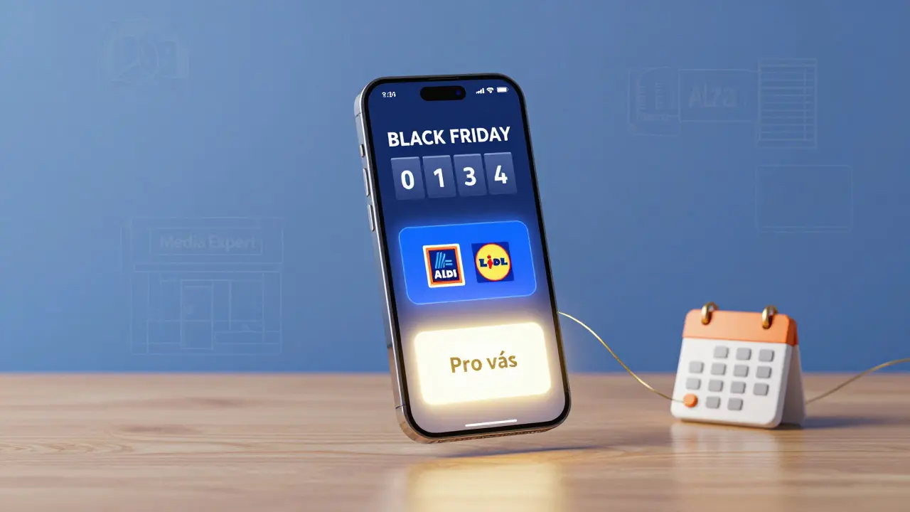 Průhledný telefon zobrazuje tři vrstvy slevových dnů a personalizované slevy pro uživatele v minimalistickém stylu.