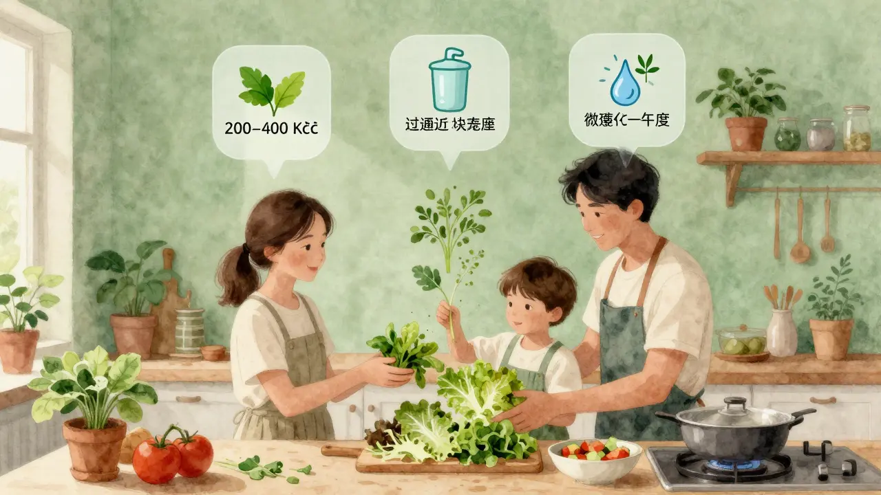 Rodina sbírá čerstvé bylinky z kuchyňské zelené stěny, zatímco připravují jídlo, symbolizující samostatnou výrobu potravin.