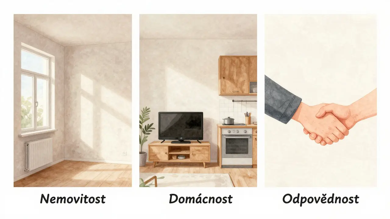 Rozdělený půdorys bytu na tři části: stavební prvky, nábytek a odpovědnost, znázorněné jako oddělené zóny.