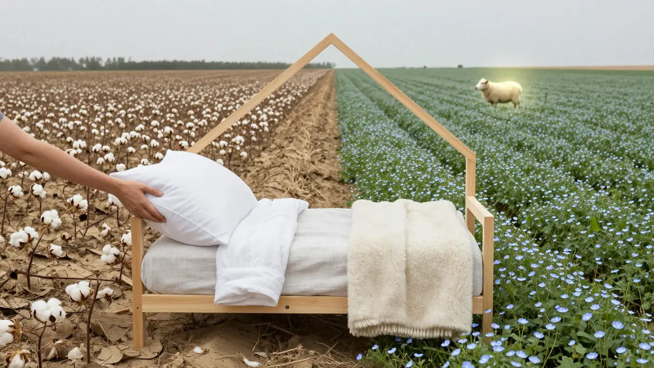 Ruka ukládá přírodní textilie do domovního tvaru, za nimi symbolické krajiny s vodou a ovčátkem.