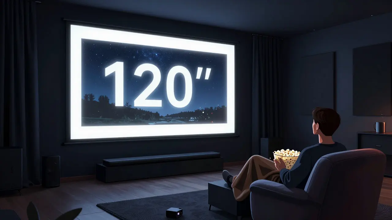 Tmavý obývací pokoj s projekčním systémem a obrazem filmu na plátně.