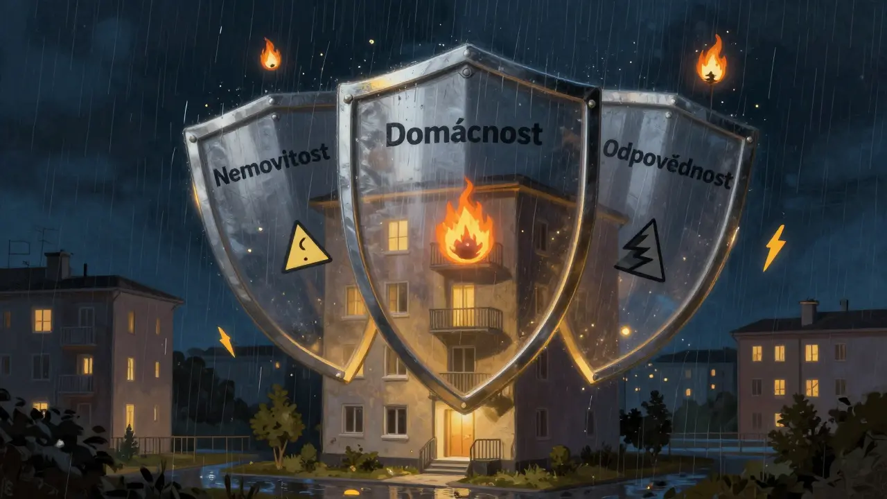 Tři ochranné štíty nad bytem symbolizující pojištění nemovitosti, domácnosti a odpovědnosti proti rizikům.
