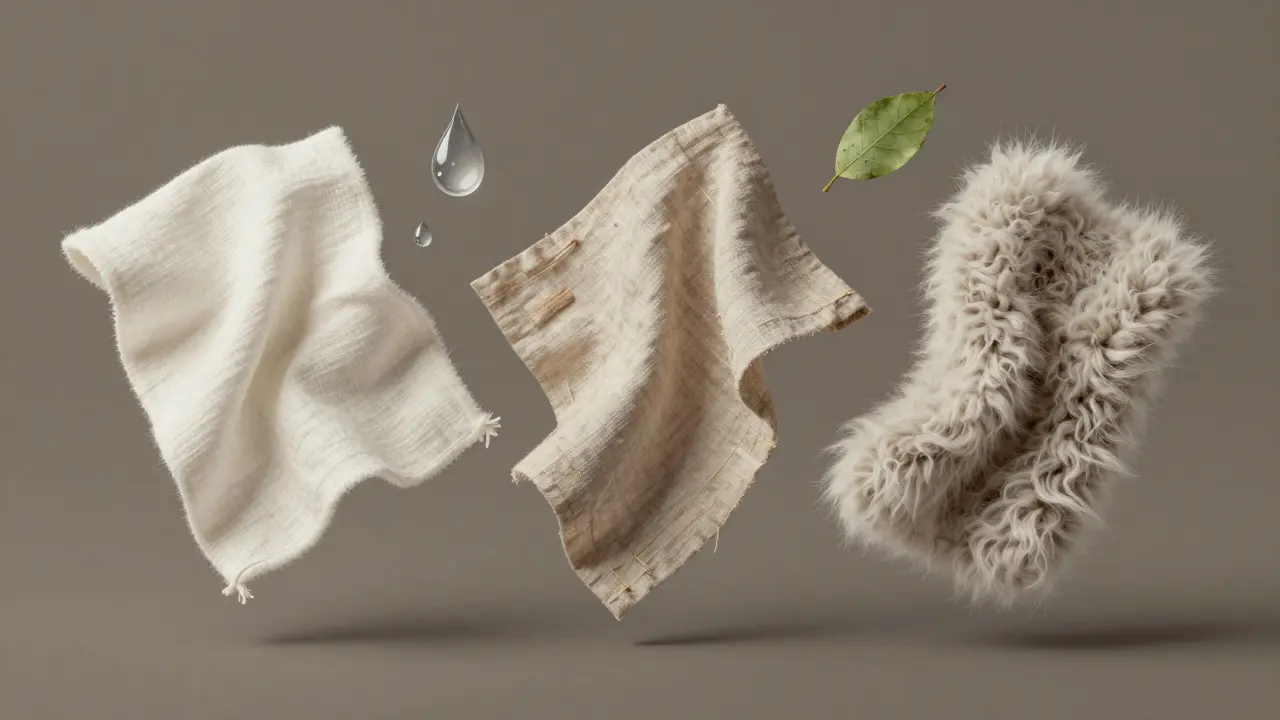 Tři přírodní textilie – bavlna, len a vlna – plavají v prostoru s vodními kapkami a listem.