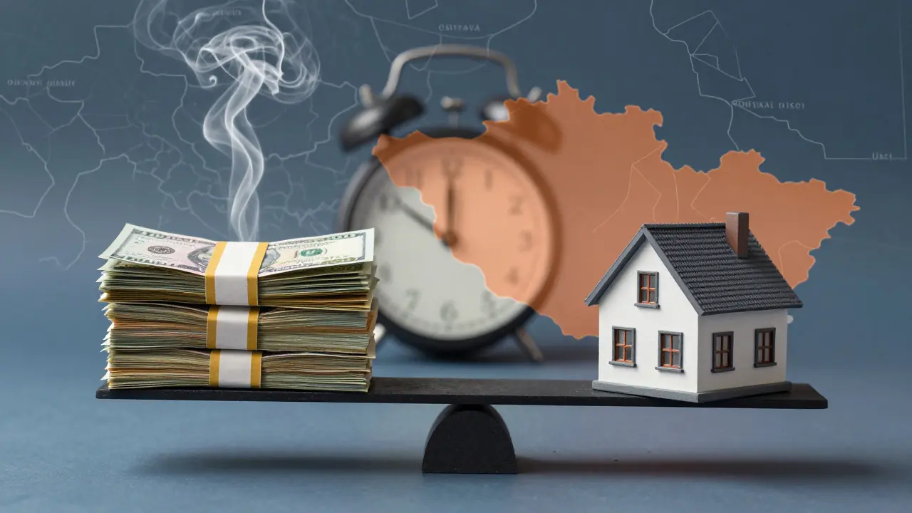 Váha s penězi a domem, symbolizující reálný růst cen versus inflaci.