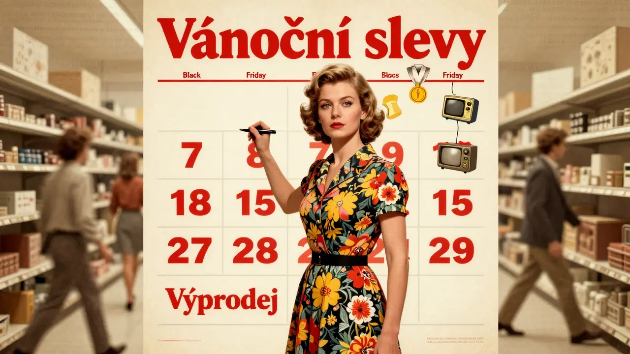 Vintage plakát s ženou plánující slevy na velkém kalendáři, kolem ní letí symboly ušetřených věcí.