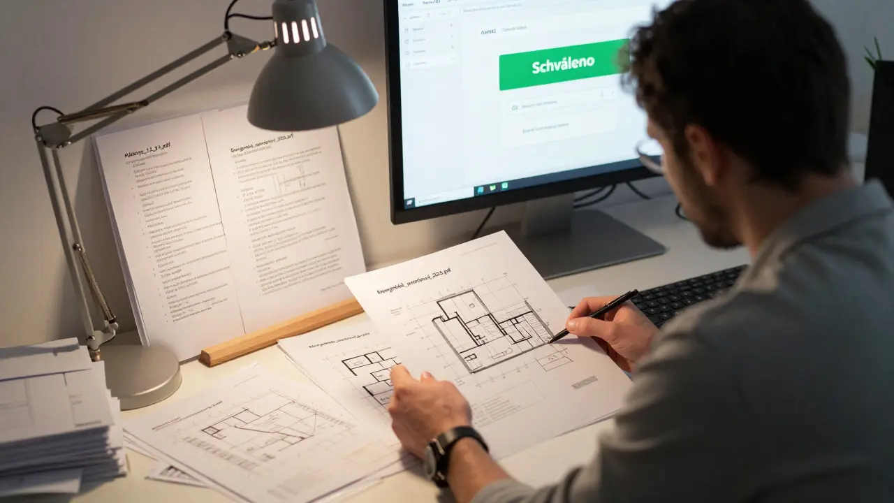 Architekt a klient prohlížejí kompletní projektovou dokumentaci s správnými názvy souborů.