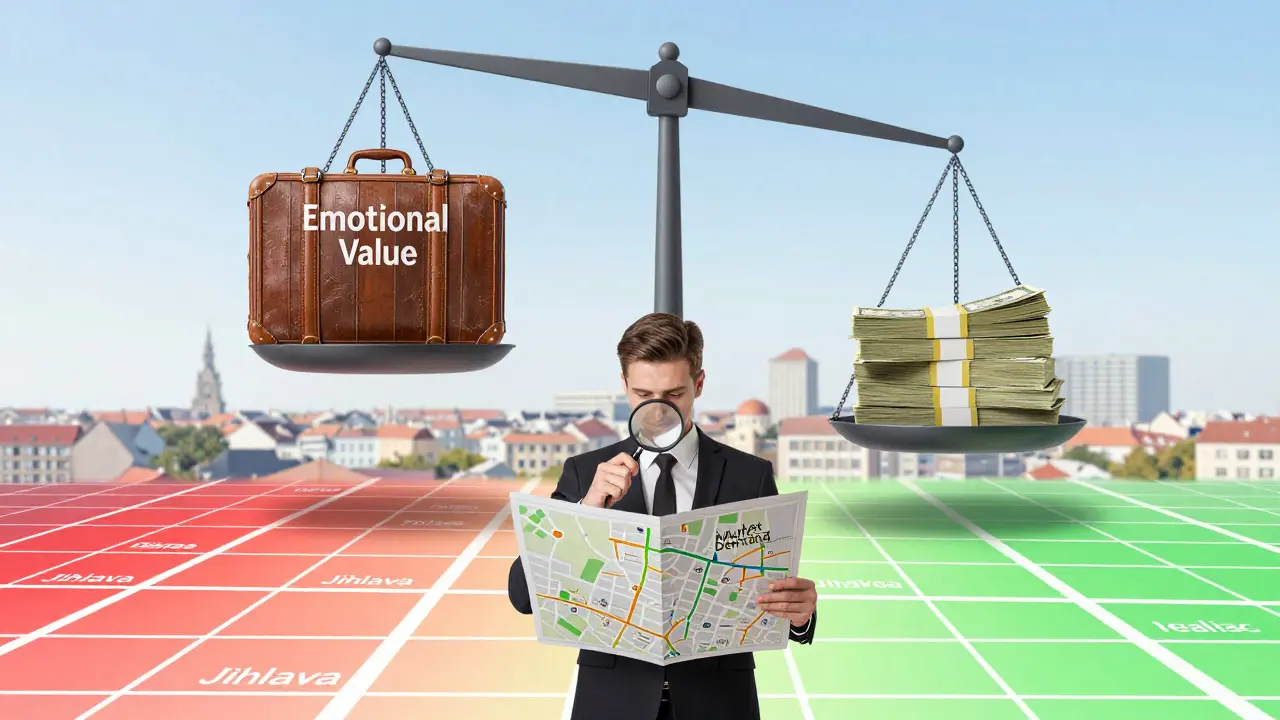 Balance scale with emotional value vs market demand, realtor analyzing street price map