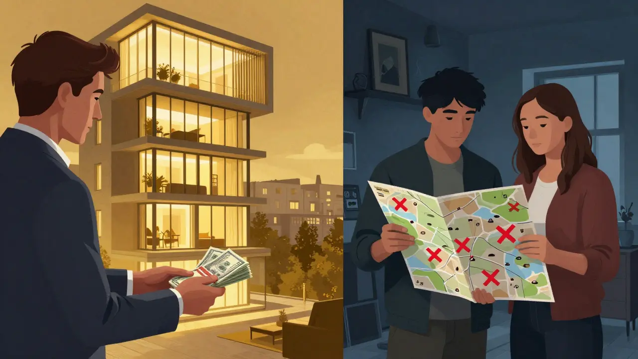 Bohatý kupující koupí luxusní byt v Praze, zatímco mladá dvojice hledá bydlení v opuštěných regionech.