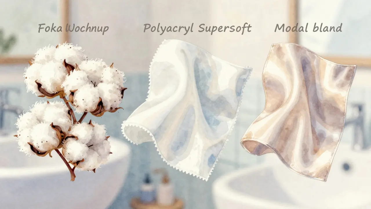 Detailní zobrazení tří materiálů: bavlna, Polyacryl a modal pro koupelnové textilie.