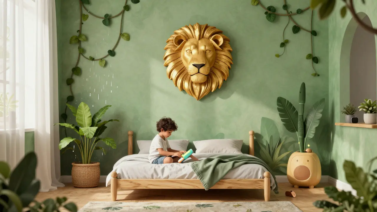 Dítě hraje v džunglovém pokoji s jednou 3D stěnou s levem, zbylé stěny jsou zelené s přírodními dřevěnými texturami.