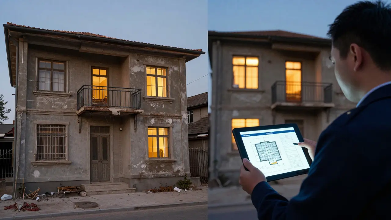 Dům s nelegální přístavbou je kontrolován úředníkem s digitálním pasem stavby.