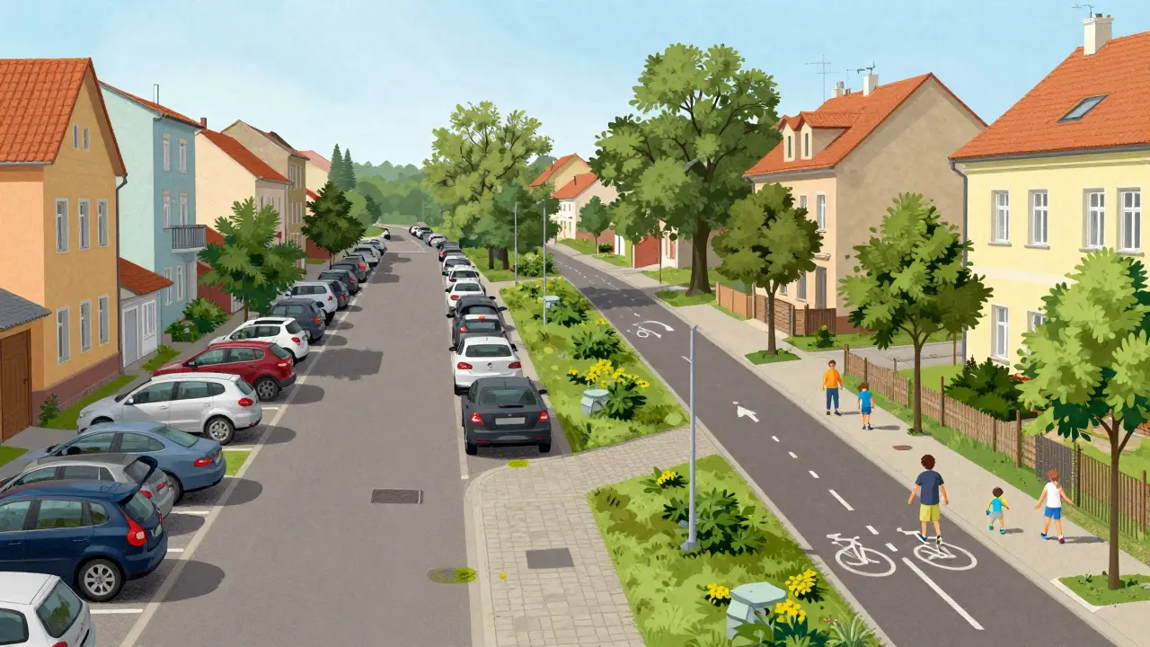 Dvě protichodné verze ulice: jedna plná aut, druhá s zelení, koly a dětmi hrajícími na chodníku.