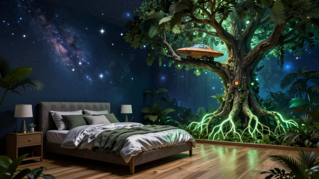 Hybridní pokoj s hvězdným nebem a obřím stromem, jehož kořeny se táhnou do vesmíru, kde přistála vesmírná loď.