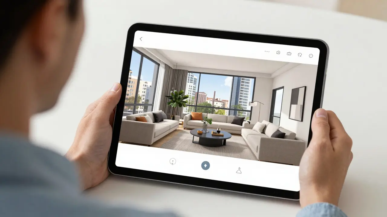 Klient a makléř prohlížejí virtuální prohlídku na tabletu bez textu.