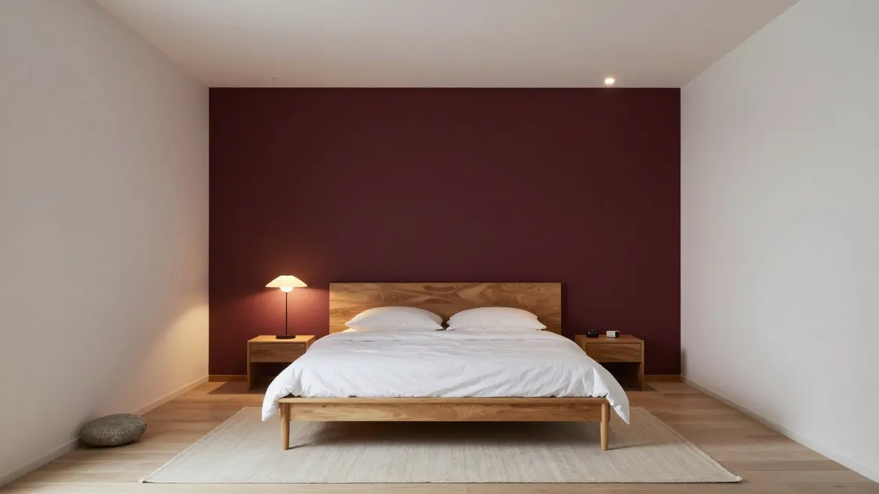 Ložnice s bordó akcentovou stěnou za postelí, osvětlená teplým světlem a přírodními materiály.