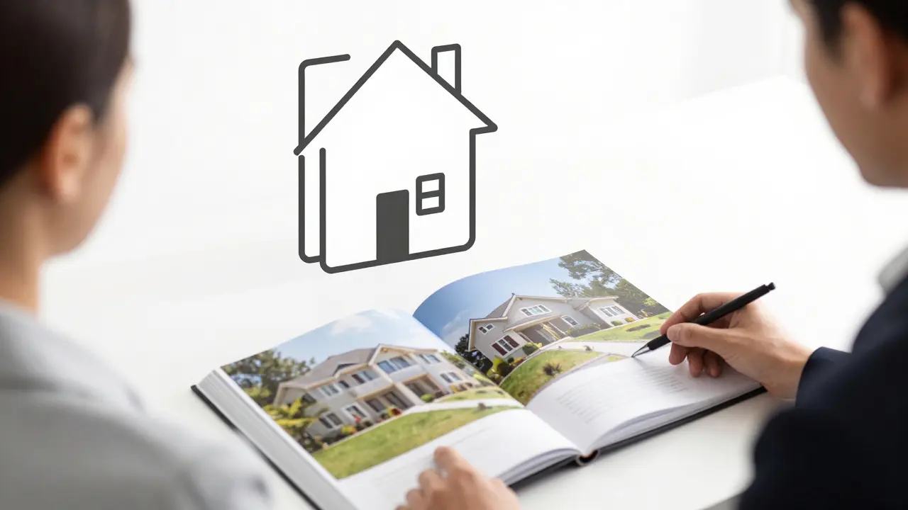 Makléř předvádí album s rozmazanými obrázky a domovní značkou.