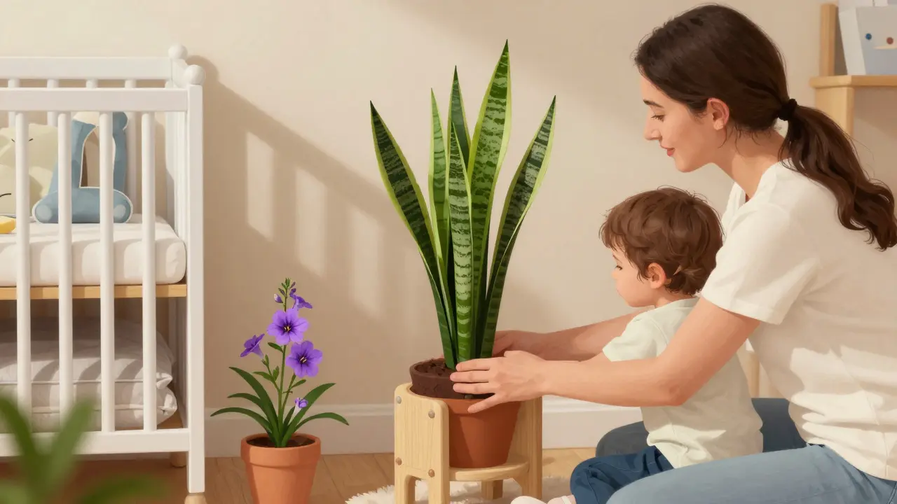 Matka a dítě společně umisťují štětci na bezpečný stojan v dětském pokoji.