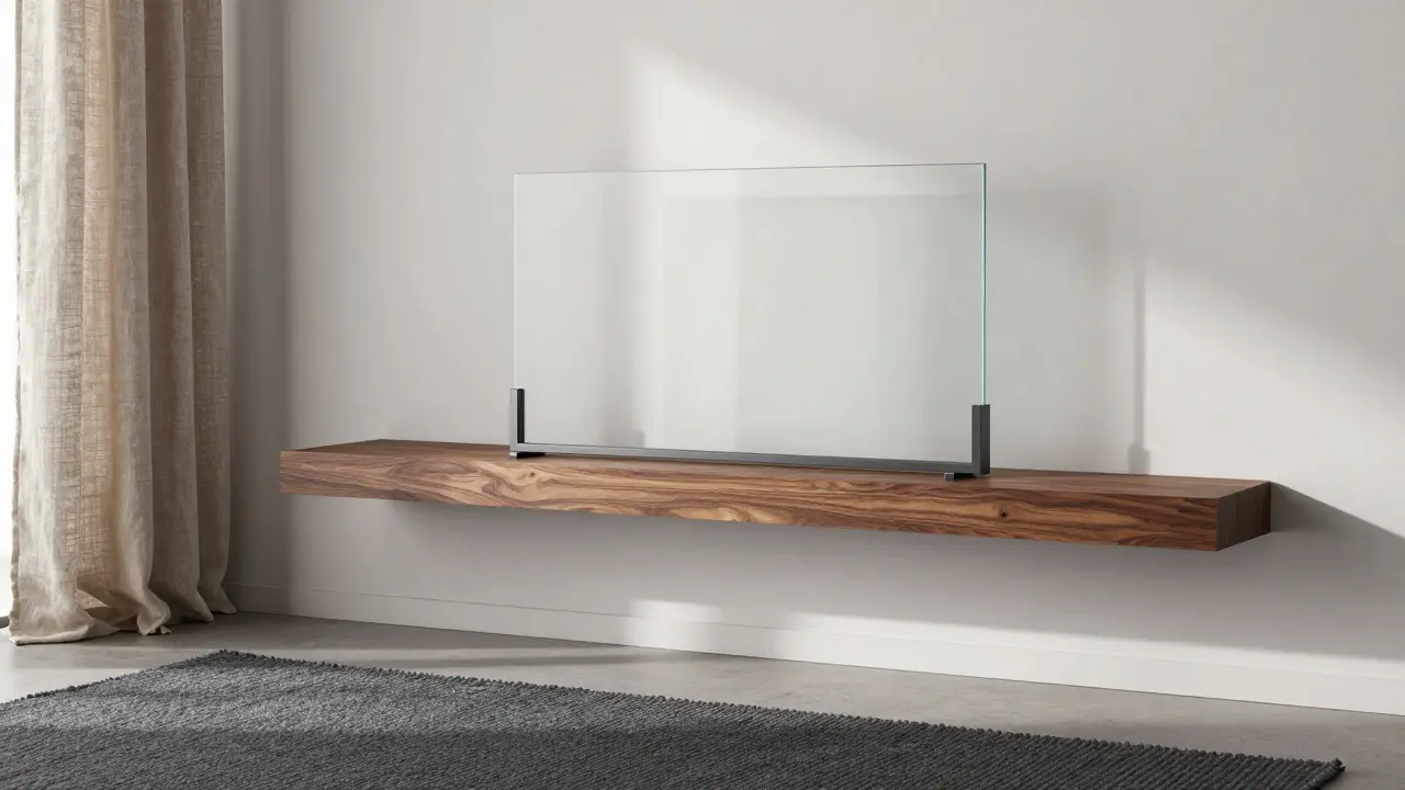 Minimální interiér s dřevěnou police, kovovým rámem, skleněnou vložkou a lněnou záclonou.