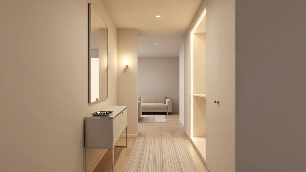 Minimálnistický vstup s vysokými police, zrcadlem a jemným koberečkem, který vizuálně spojuje předsíň s obývacím pokojem.