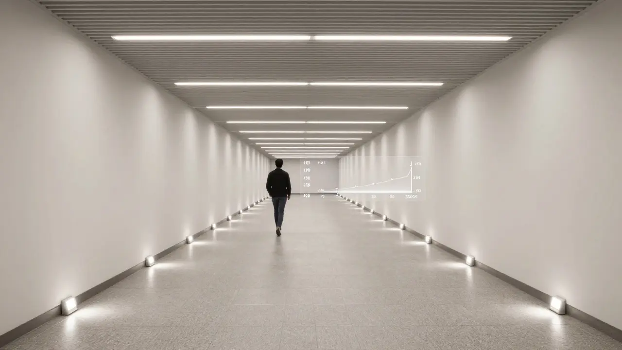 Moderní chodba s rovnoměrně rozloženými LED světly a nízkými orientačními svítidly, osvětlujícími podlahu na úrovni 150 luxů.