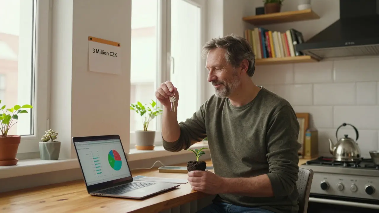 Muž v Ostravě drží klíče od bytu za 3 miliony Kč, slunce osvětluje jeho domovní prostor.