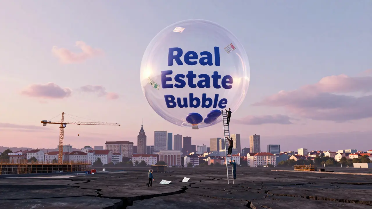 Obrovská cenová bublina nad českým městem, lidé se snaží dosáhnout na ní, zatímco pod nimi stojí prázdné staveniště.