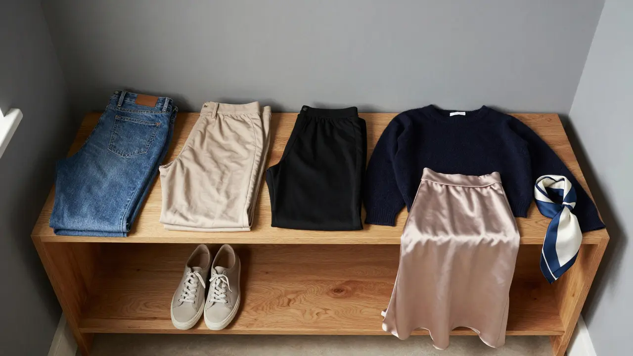 Overhead view of a capsule wardrobe on wooden shelves with jeans, tops, sweater, skirt, and sneakers in natural daylight.