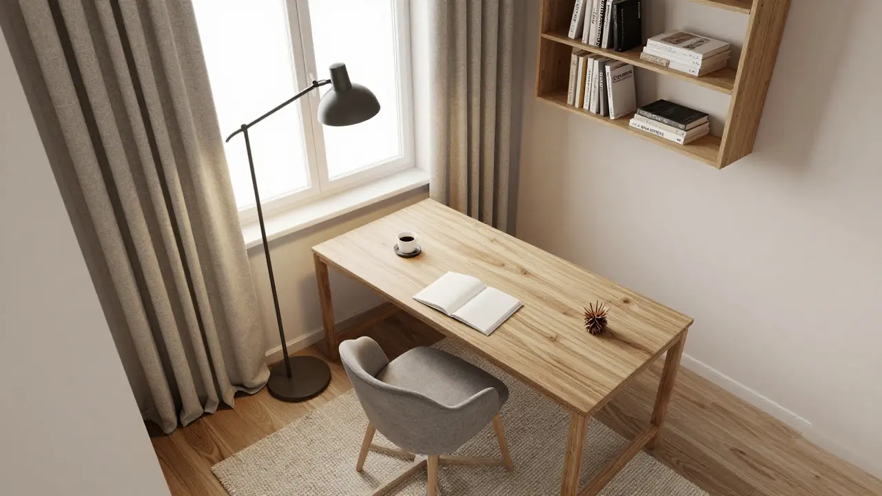 Pohled shora na malý skandinávský pracovní prostor s dřevem, kobercem a textiliemi pro akustický klid.