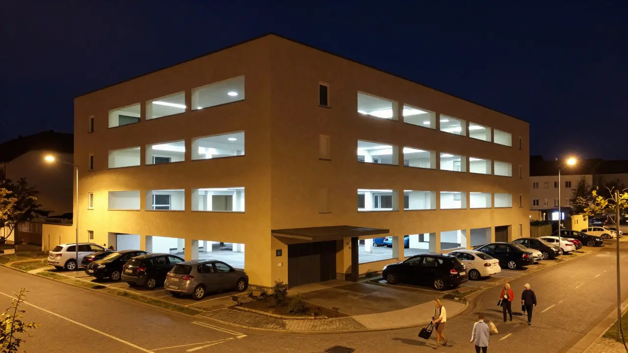 Prázdný parkovací dům v Brně večer, zatímco na ulici rezidenti parkují volně pod uličními světly.