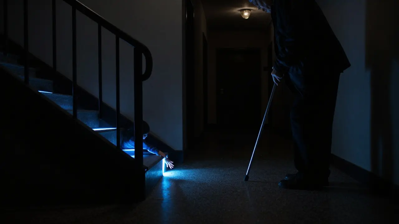 Při výpadku proudu jen nízko umístěná nouzová světla osvětlují okraj schodů a zábradlí, zatímco ostatní chodba zůstává v temnotě.