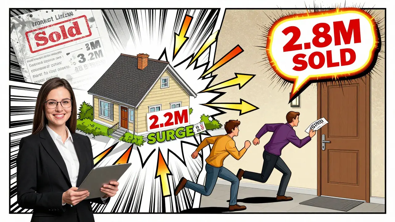 Property listed below market with 27 buyers rushing in, sold sign glowing at higher price