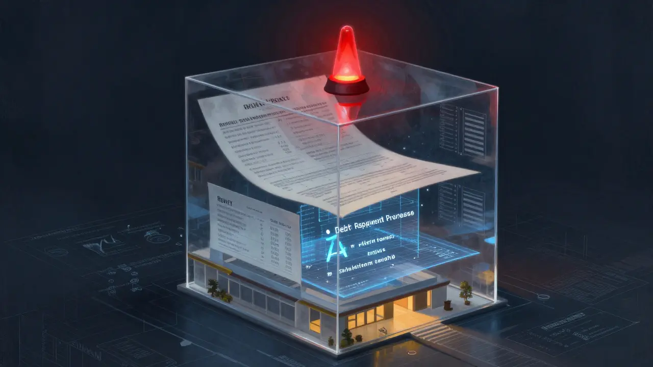 Průhledná budova s skrytými riziky: smlouvy, dluhy a neviditelné chyby AI v analýze pronájmů.
