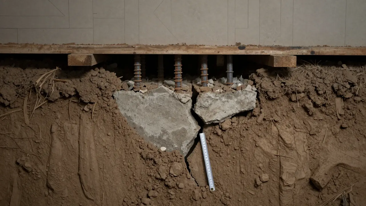 Průřez základů s korozi výztuže a rozpadajícím se betonem, s ukázkou růstu trhliny.