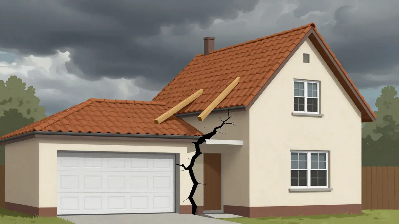 Původní dům a přístavba oddělené hlubokými trhlinami, se sestávajícím krovem a přetíženou střechou.