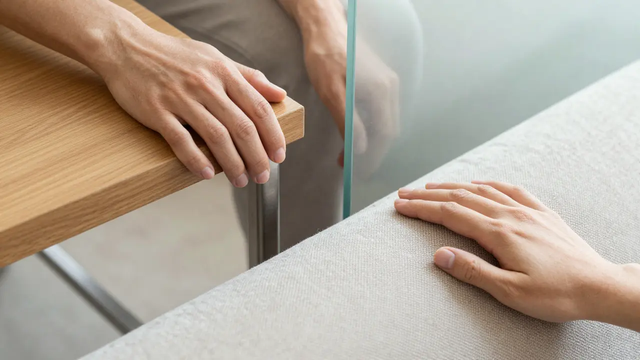 Ruce dotýkající se dřeva, kovu, skla a tkaniny v obývacím pokoji.