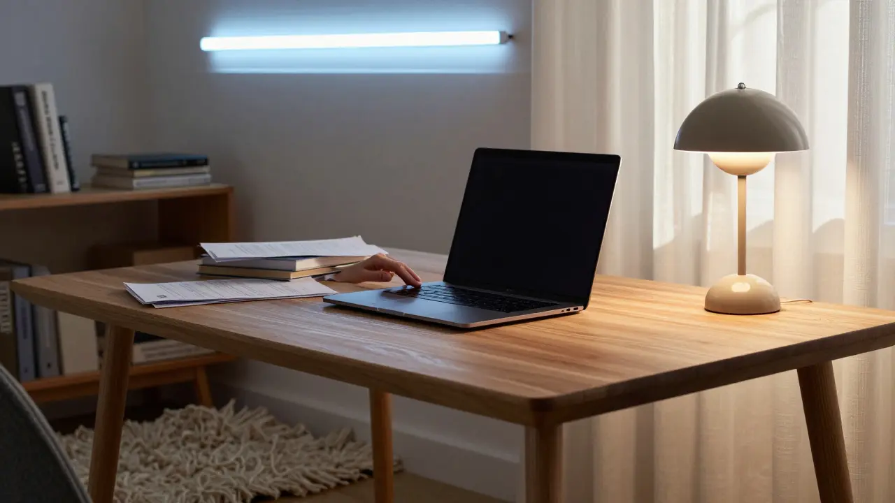 Ruka pracující na laptopu u dřevěného stolu s teplým osvětlením a přírodními povrchy.