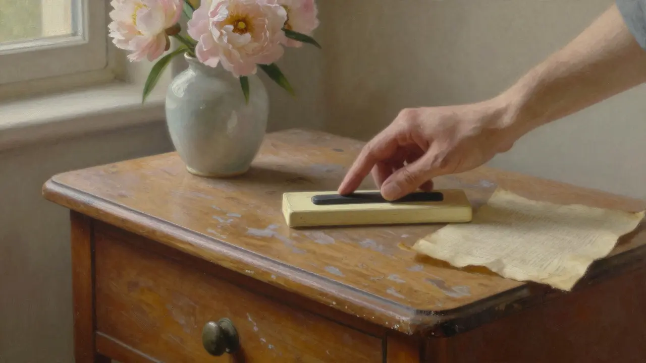 Ruky škrábají starý stůl, odhalujíce podkladové barvy a jemné škrábance na dřevě.