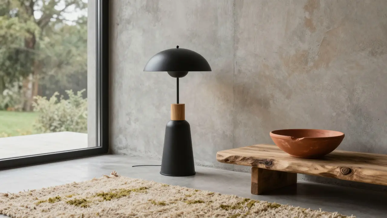 Scandinavian living space with concrete wall, wooden furniture, and wool rug in earthy tones.