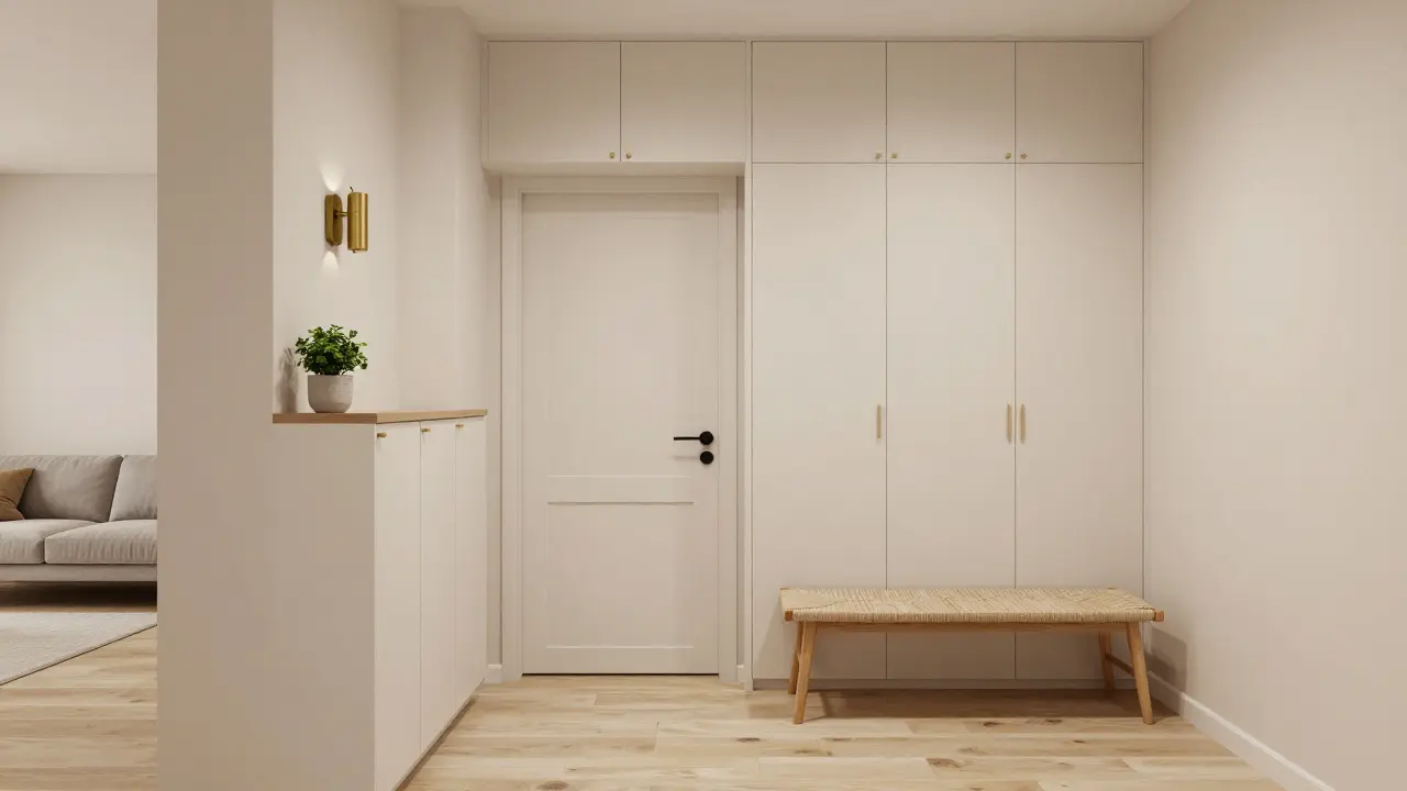 Skandinávský vstup s lehkým dřevem, tenkou lavičkou a zrcadlem, osvětlený teplým světlem, které spojuje s obývacím pokojem.