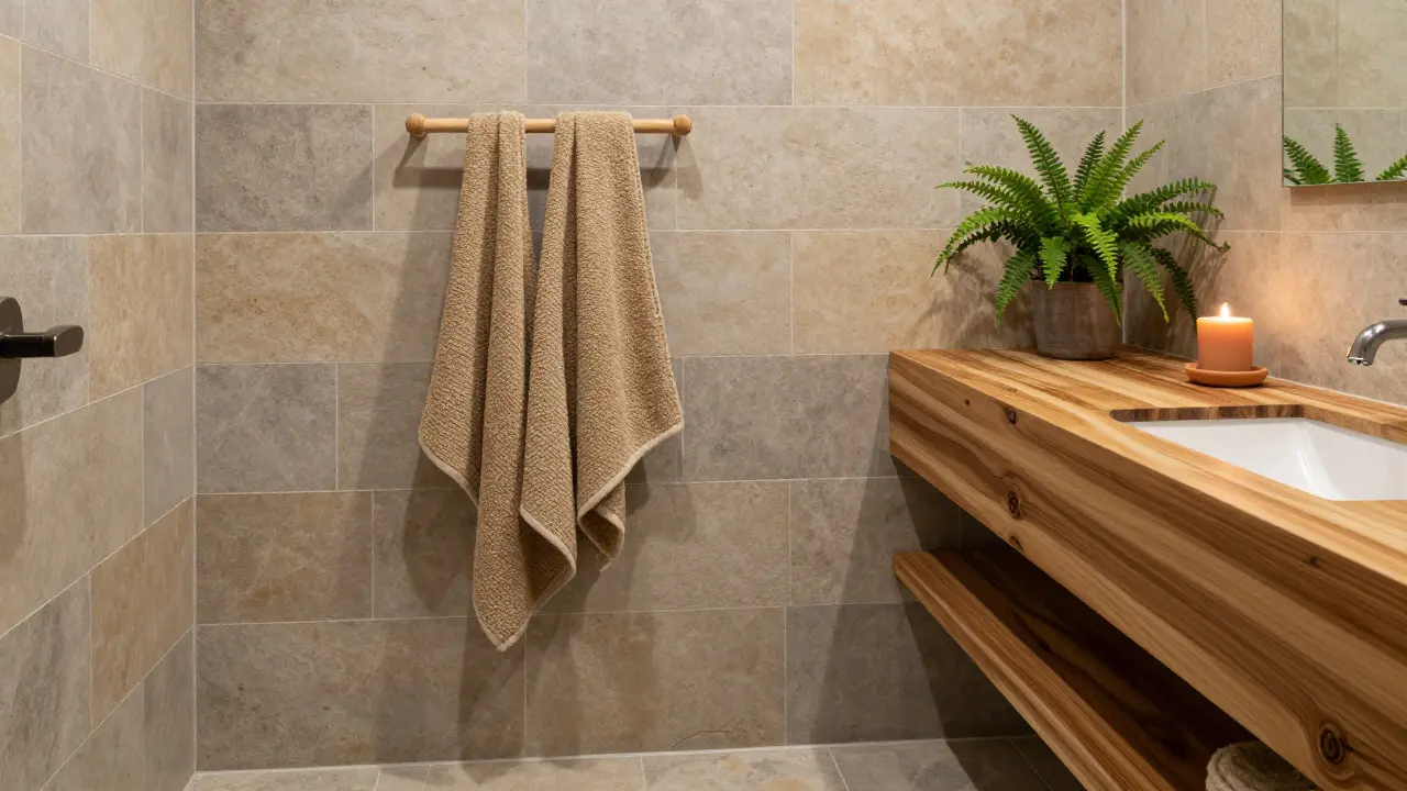 Spa-like bathroom with stone tiles, teak vanity, and woven hemp textiles in muted earth tones.